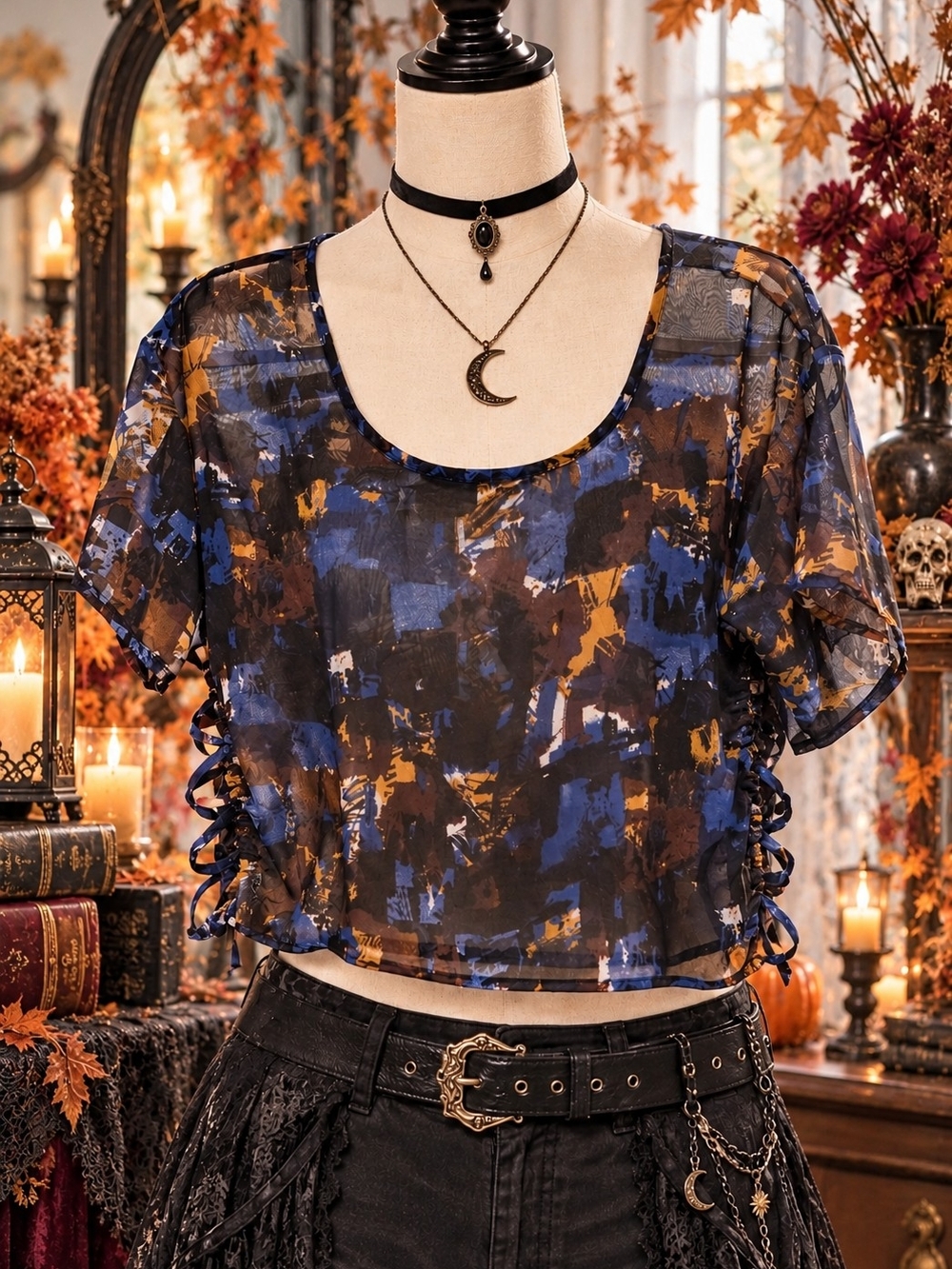 happening in the present Sheer Abstract Crop Top - Blue & Brown